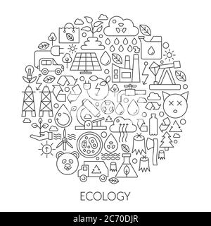 Icônes de la technologie écologique en cercle - illustration vectorielle de la ligne conceptuelle pour la couverture, l'emblème, le badge. Ensemble d'icônes de contour Illustration de Vecteur