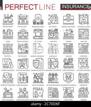 Symboles de concept de contour d'assurance. Icônes de la ligne fine parfaite de soins de santé et de vie. Jeu d'illustrations de style linéaire moderne Illustration de Vecteur