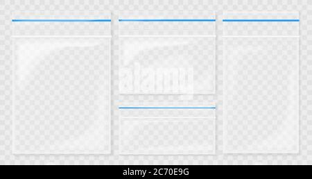 Vide les poches en plastique transparent. Sac vide à fermeture éclair. Ensemble de récipients en polyéthylène sur fond transperant Illustration de Vecteur