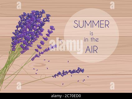 Fleurs rustiques violettes avec l'été dans l'air mots dans un cercle sur bois de plateau Illustration de Vecteur