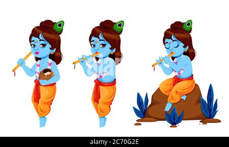 Heureux Krishna Janmaschtami, ensemble de trois poses. Seigneur Krishna avec flûte. Bonne fête de Janmashtami en Inde. Illustration vectorielle Illustration de Vecteur