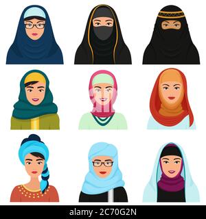 Ensemble d'avatars femelles moyen-orientaux. Collection de visages de la femme musulmane arabe traditionnelle hijab Illustration de Vecteur