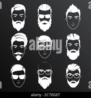 Ensemble de visages vectoriels hipster bardés hommes sur le fond alpha transperant. Ensemble coupes de cheveux, barbes, moustaches. Un homme charmant est un symbole Illustration de Vecteur