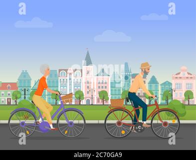 Personnage senior actif, voyageurs d'âge. Vieux âge retraite couple de touristes. Personnes âgées à vélo près du parc de la vieille ville. Illustration vectorielle de dessin animé Illustration de Vecteur