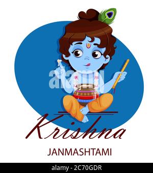 Bonne Krishna Janmashtami. Petit Seigneur Krishna avec flûte et pot. Bonne fête de Janmashtami en Inde. Illustration vectorielle Illustration de Vecteur