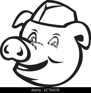 Illustration noire et blanche de la tête d'un cochon boucher souriant port chapeau face à l'avant sur fond blanc isolé fait dans le style de dessin animé. Illustration de Vecteur