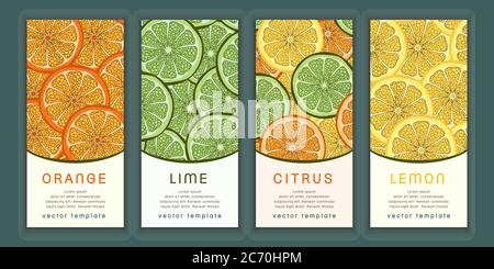 Mettez en place des bannières verticales avec des agrumes, un modèle de bon d'échange avec des tranches d'orange, de citron et de citron vert, un dessin à la main, un prospectus avec un motif abstrait, un pa fruité coloré Illustration de Vecteur