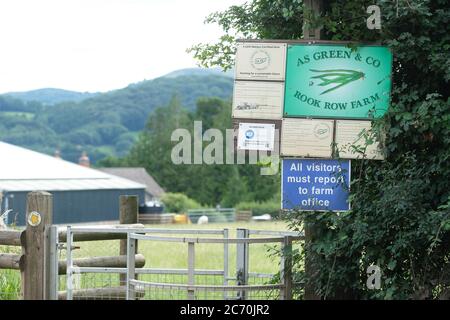 Rook Row Farm, Mathon, Herefordshire, Royaume-Uni - lundi 13 juillet 2020 - signes à l'entrée DE AS Green & Co à Rook Row Farm, Mathon - la ferme rurale de Herefordshire compte actuellement plus de 70 cas confirmés de Covid-19 parmi les 200 travailleurs saisonniers sur le site. La ferme reste verrouillée. Photo Steven May / Alamy Live News Banque D'Images