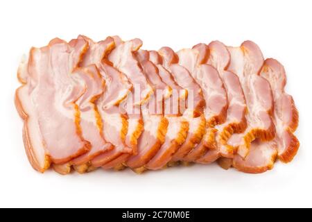 Tranches de bacon de jambon ​​pork isolées sur fond blanc Banque D'Images