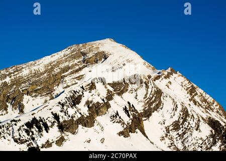 Sommet enneigé près de la station de ski d'Avoriaz, haute-Savoie, Auvergne-Rhône-Alpes, France Banque D'Images