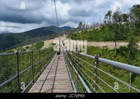 Garçon marchant sur le Skybridge piétonnier dans les Smoky Mountains à Gatlinburg, TN, qui a ouvert en 2019 Banque D'Images