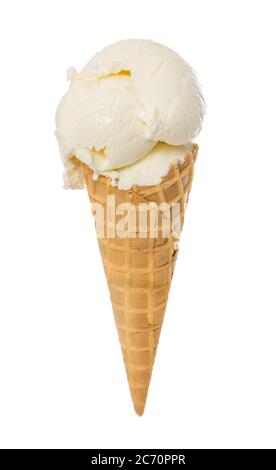 Glace à la vanille en gaufre isolée sur fond blanc. Banque D'Images