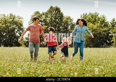 Une jeune famille avec des enfants qui s'approchent de la caméra dans un style de vie sain en extérieur, main dans la main à travers un champ ou des fleurs sauvages au printemps ou en été Banque D'Images