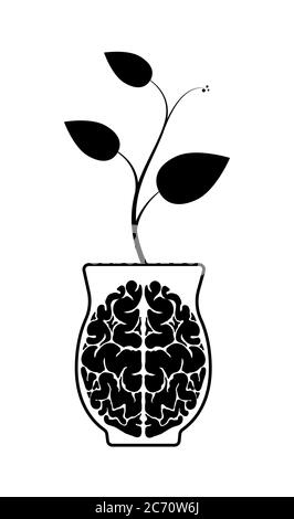 Le cerveau est fait d'hémisphères dans un pot d'argile. Un germe du cerveau. Illustration de Vecteur