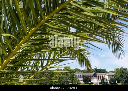 Munich, Allemagne. 13 juillet 2020. Une petite oasis de sable avec 13 palmiers (palmiers dattiers, ventilateurs et chanvre) et 30 chaises longues ont été construites sur une partie de la Theresienwiese par l'association environnementale Green City et la ville de Munich. En arrière-plan, vous pouvez voir la Bavière, qui donne sur la région. À cette époque de l'année, l'Oktoberfest est déjà en plein essor et doit être annulée cette année en raison de la crise de la couronne. Crédit : Peter Kneffel/dpa/Alay Live News Banque D'Images