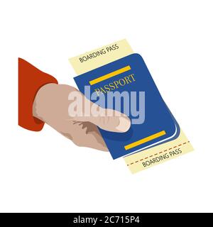 Gros plan. Homme tenant dans sa main le passeport et le vol de billet. Symbole du voyage et du tourisme. Illustration de dessin animé à plat vectoriel. Jeune fille personnelle Illustration de Vecteur