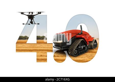 Tracteur autonome et drone sur le fond du texte 4.0. Concept d'agriculture intelligente Banque D'Images