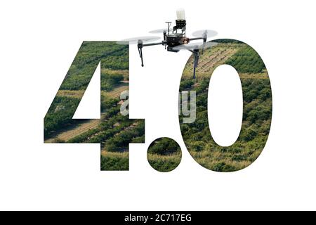Drone agricole sur le fond du texte 4.0. Concept d'agriculture intelligente Banque D'Images