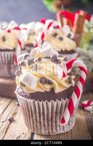 Petits gâteaux de Noël. Gâteau au chocolat chaud de Noël avec canne à sucre de menthe poivrée, gouttes de chocolat et guimauve. Arrière-plan en bois, décoration de Noël et Banque D'Images