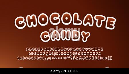 Chocolat Candy Alphabet 3d style autocollant police. Police de caractères de dessin animé de nourriture douce, couleurs chocolat brun. Majuscules et minuscules, chiffres, symboles Illustration de Vecteur
