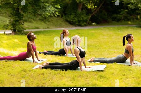 Groupe de filles diverses faisant le cobra yoga pose sur leur entraînement matinal au parc vert Banque D'Images