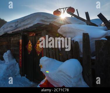 Mudanjiang siège au nord-est du village de neige Banque D'Images