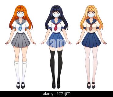 Ensemble de trois filles d'anime. Les filles mignons avec les grands yeux et portant l'uniforme scolaire japonais et le masque médical. Illustration vectorielle dessinée à la main isolée sur wh Illustration de Vecteur