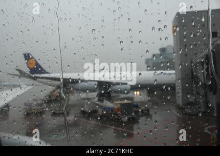 Airbus A340 de Lufthansa étant embarqué à l'aéroport Frankfirt am main, vu depuis un A320 à la porte suivante sous une forte pluie. Banque D'Images