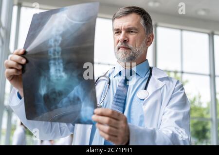 Médecin mature il examine les résultats d'une radiographie dans un hôpital. Banque D'Images