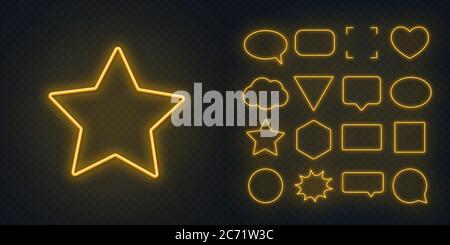 Cercle, carré, bulle de parole, étoile, triangle, cœur, hexagone et autres cadres fluo jaune lumineux sur un fond transparent foncé. Illustration de Vecteur