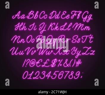 Alphabet rose fluo. Police cursive brillante avec lettres, chiffres et caractères spéciaux. Illustration de Vecteur