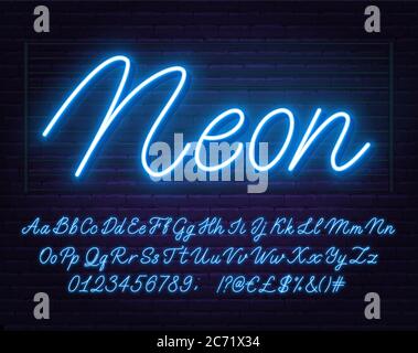Police de script bleu fluo. Alphabet lumineux avec lettres, chiffres et caractères spéciaux. Illustration de Vecteur