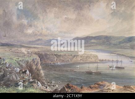 Baie de Foilhummerum, Valentia, en regardant du fort de Cromwell : la Caroline et les bateaux posant le fil de terre, 21 juillet 1865, 1865-66. Banque D'Images