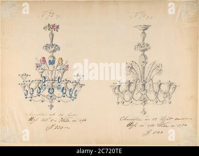 Une des vingt-trois feuilles de dessins de la verrerie (miroirs, lustres, gobelets, etc.), 1850-80. Banque D'Images