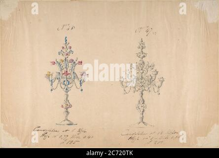 Une des vingt-trois feuilles de dessins de la verrerie (miroirs, lustres, gobelets, etc.), 1850-80. Banque D'Images