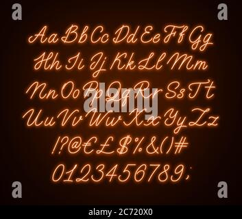 Alphabet jaune fluo. Police cursive brillante avec lettres, chiffres et caractères spéciaux. Illustration de Vecteur