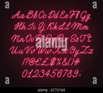 Alphabet rouge fluo. Police cursive brillante avec lettres, chiffres et caractères spéciaux. Illustration de Vecteur