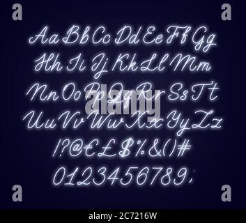 Alphabet à écriture blanche au néon. Police cursive brillante avec lettres, chiffres et caractères spéciaux. Illustration de Vecteur