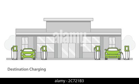 Voiture électrique chargée à partir de la station de charge dans le parking du centre commercial.illustration vectorielle.concept de technologie minimale. Illustration de Vecteur