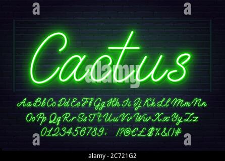 Police de script vert néon. Alphabet lumineux avec lettres, chiffres et caractères spéciaux. Illustration de Vecteur