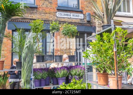 LONDRES, Royaume-Uni - 12 JUILLET 2020 : marché aux fleurs de Columbia Road un dimanche montrant un panneau et des plantes. On peut aussi voir les gens. Banque D'Images