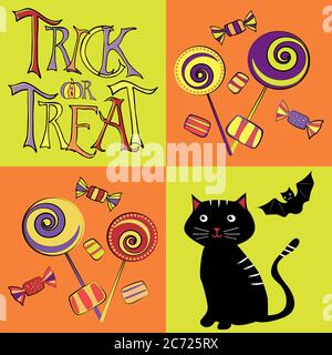 Halloween funky vector fond sans couture. Toile de fond orange et vert fluo avec chats noirs, chauves-souris, bonbons et texte de trick ou de traite. Moderne Illustration de Vecteur