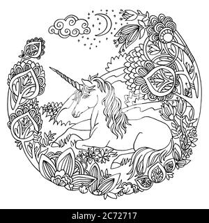 Magie de coloration vectorielle licorne dans les arbres, fleurs dans la composition de cercle.Antistress dessin à main levée avec des éléments de nœuds, de coolins.pour le colorin adulte Illustration de Vecteur