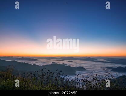 Magnifique paysage naturel brouillard de mer avec le premier matin soleil lumineux Mountain'Phu Chi FAH' attractions Chiang Rai Thaïlande Banque D'Images