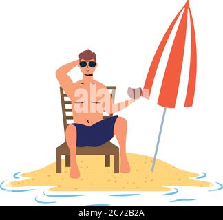 homme se reposant sur la plage assis dans une chaise et un parapluie vecteur illustration design Illustration de Vecteur