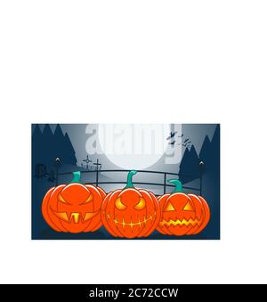 Trois citrouilles orange avec visages effrayants, fond de forêt de sapin, grande lune, fond effrayant heureux Halloween Illustration de Vecteur