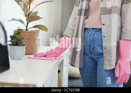 Jeune femme en gants de caoutchouc essuyant la poussière elle nettoyant la maison Banque D'Images