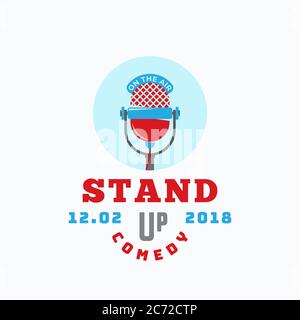 Modèle de logo, d'emblème ou de symbole de scénario abstrait de stand Up Comedy. Icône de microphone plat avec Typographie rétro. Illustration de Vecteur