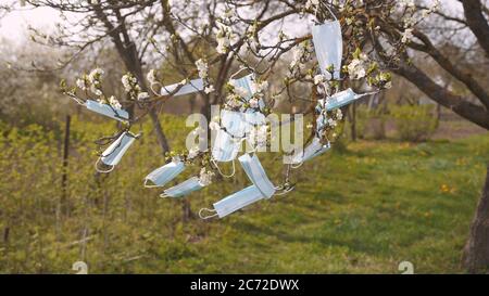 Masques médicaux sur les branches d'un arbre de printemps. Banque D'Images