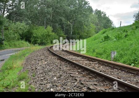 Les voies ferrées et la route asphaltée tournent entre les arbres. Été. Banque D'Images